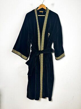 Ceasar's Palace Casino Black Gold Terry Cloth Midi Robe L